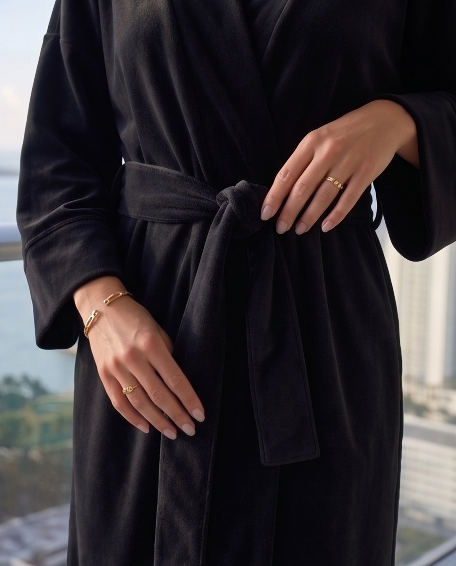 Zmysłowy welurowy szlafrok z długim rękawem i wiązaniem w talii, idealny na wieczory pełne elegancji i relaksu – Vivienne.