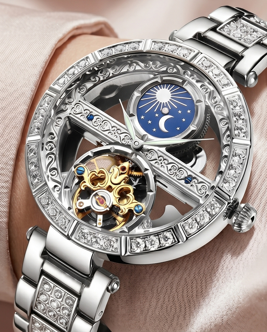 Elegancki zegarek automatyczny z otwartym mechanizmem i biżuteryjnym zdobieniem Soluna