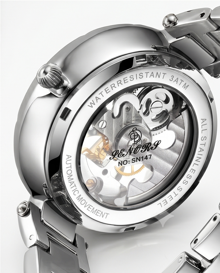 Elegancki zegarek automatyczny z otwartym mechanizmem i biżuteryjnym zdobieniem Soluna
