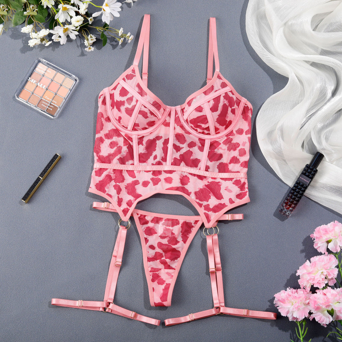Różowy komplet bielizny w panterkę z siateczki w stylu bikini Pantera Pink