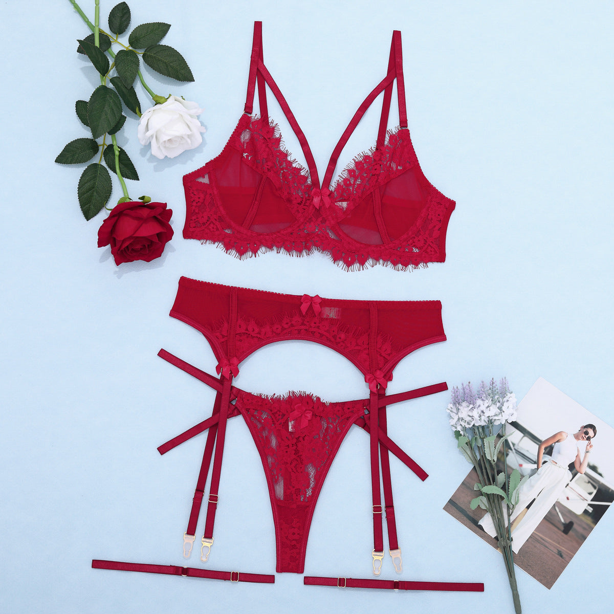 Koronkowy zestaw bielizny z pasem do pończoch na romantyczne okazje Elie Bordowy