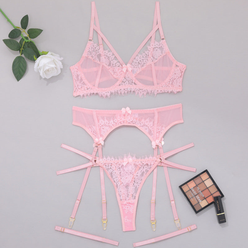 Koronkowy zestaw bielizny z pasem do pończoch na romantyczne okazje Elie Różowy