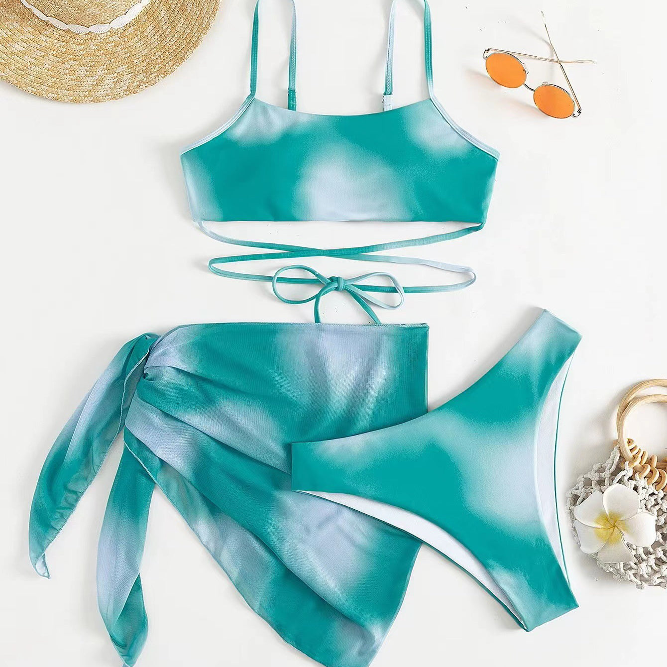 Komplet bikini z pareo na plażę i basen Eufrasia Niebieski