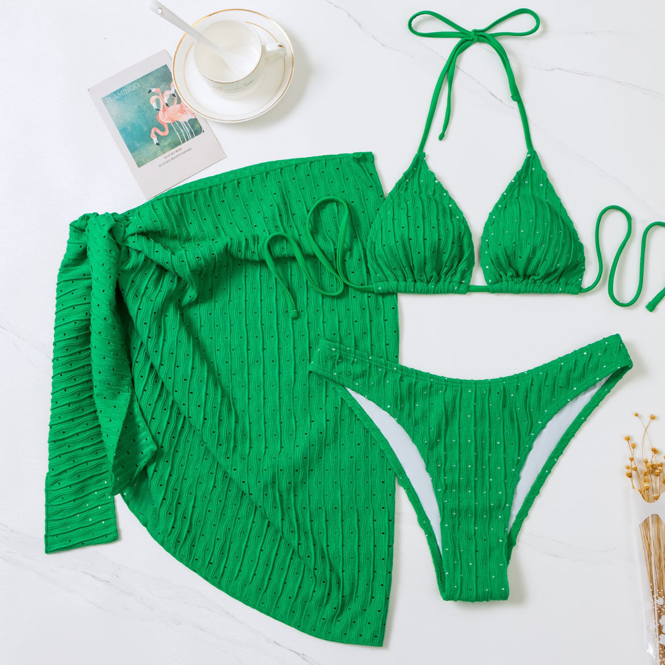 Bikini wiązane na szyi z elastyczną spódnicą plażową Erietta Zielony