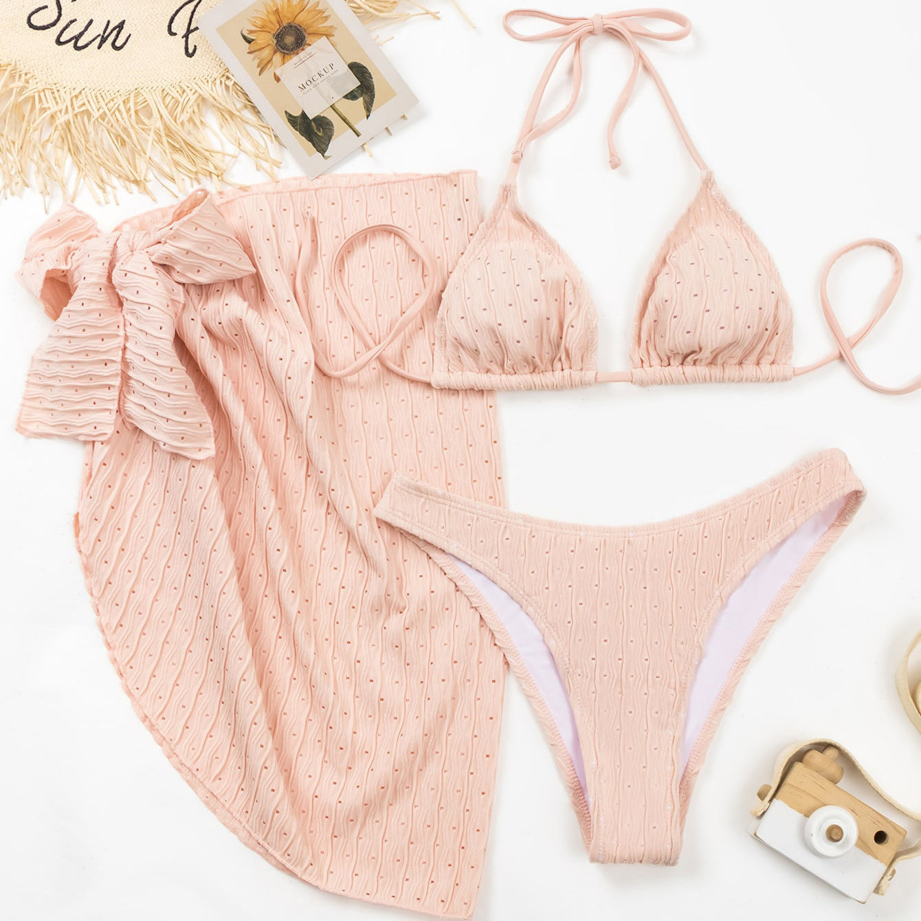 Bikini wiązane na szyi z elastyczną spódnicą plażową Erietta Różowy