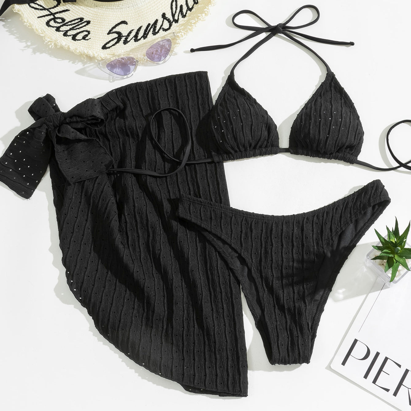Bikini wiązane na szyi z elastyczną spódnicą plażową Erietta Czarny
