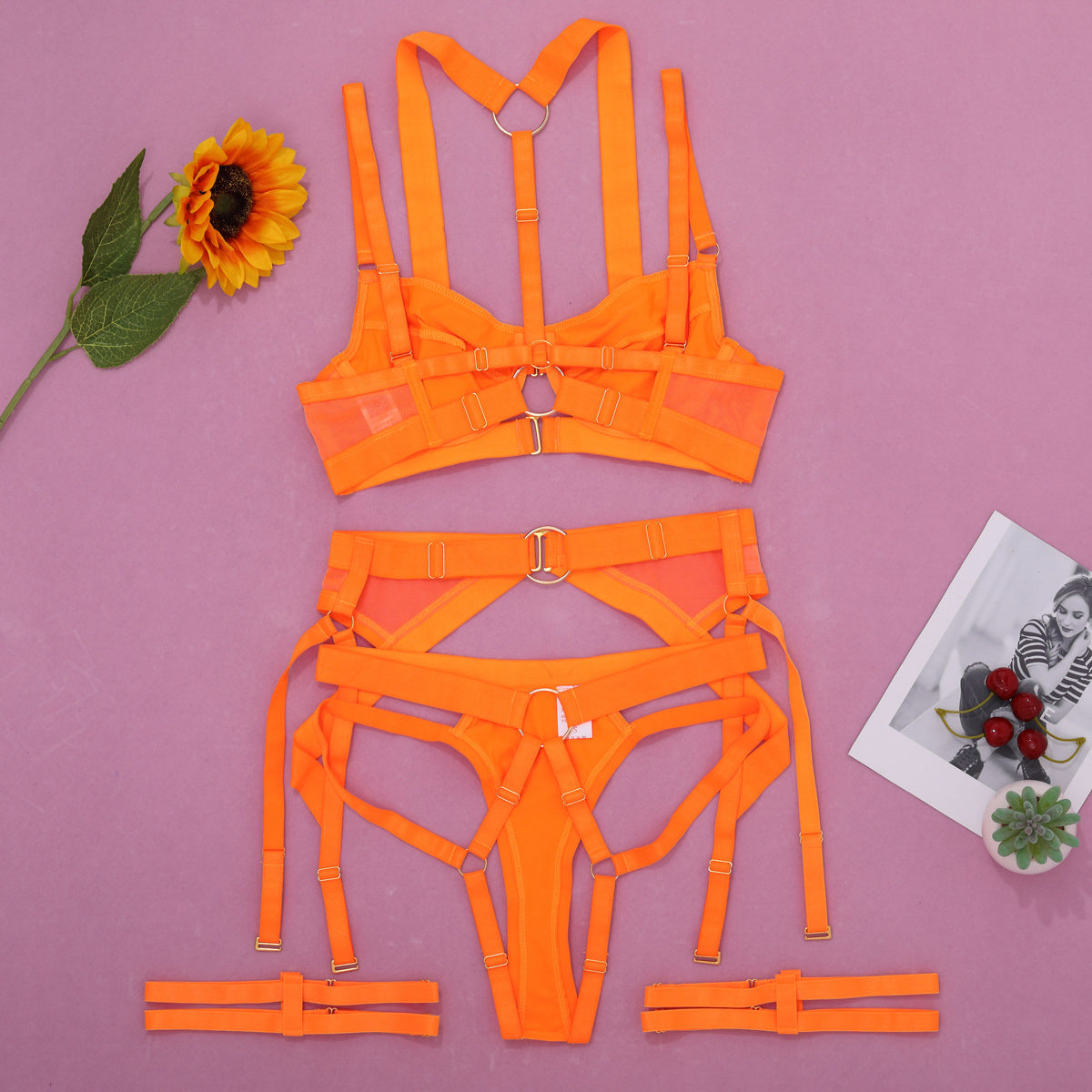 Komplet bielizny z pasem do pończoch regulowane zapięcia Dalija Pomarańczowy