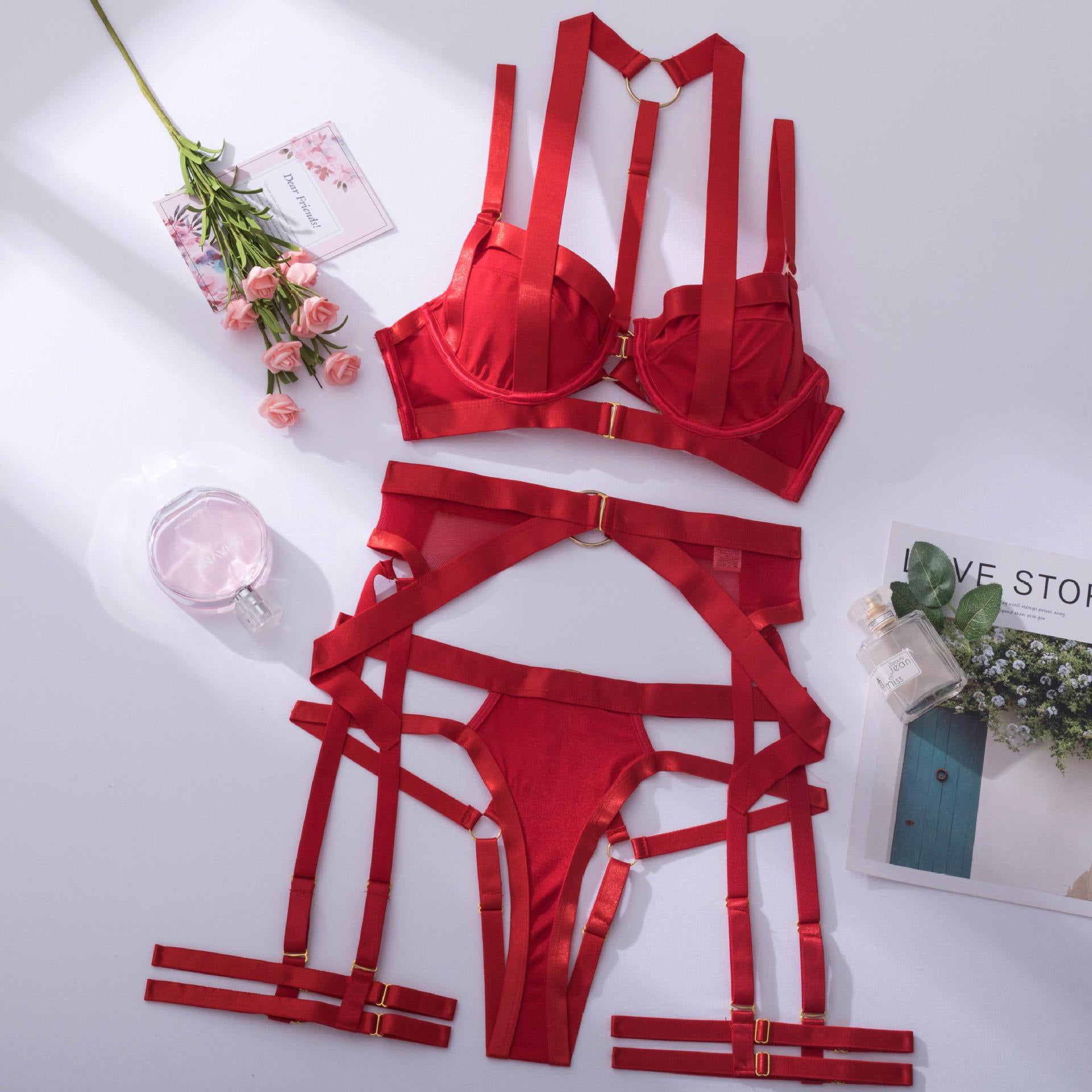 Komplet bielizny z pasem do pończoch regulowane zapięcia Dalija Bordowy