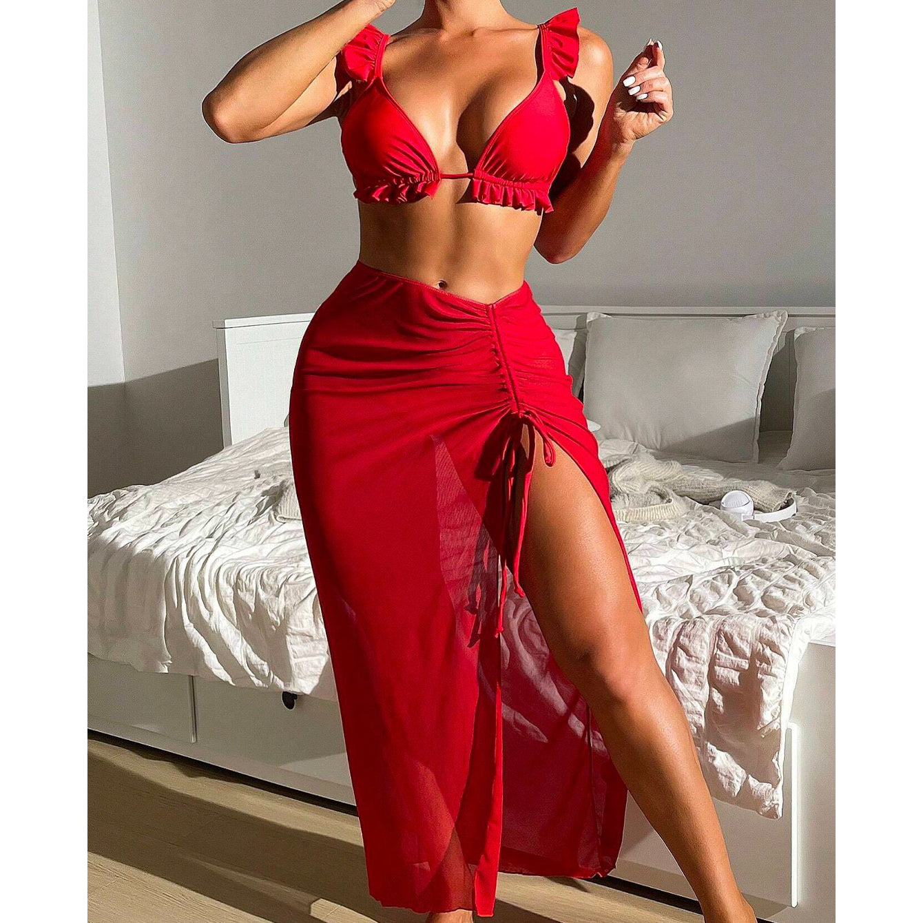 Strój kąpielowy z pareo maxi plażowy elegancki Tomie Czerwony