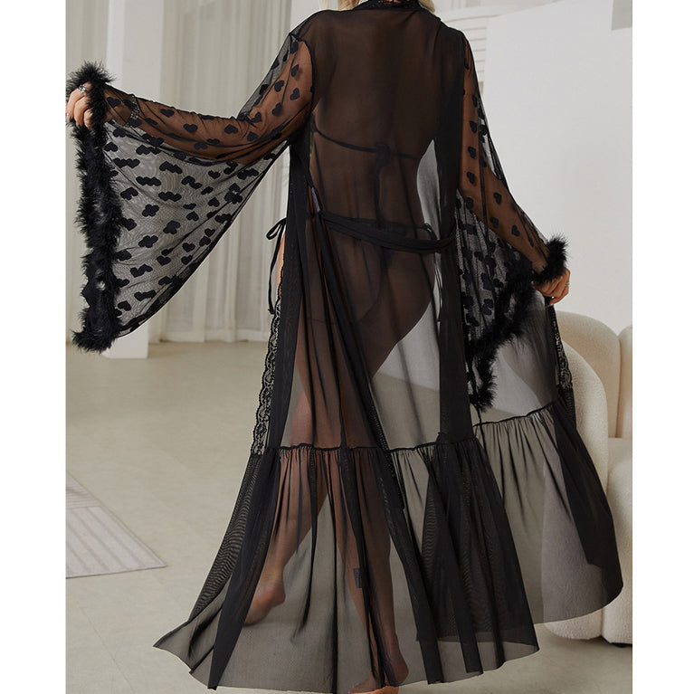 Szlafrok maxi z lekkiego materiału z długimi rękawami Oketa