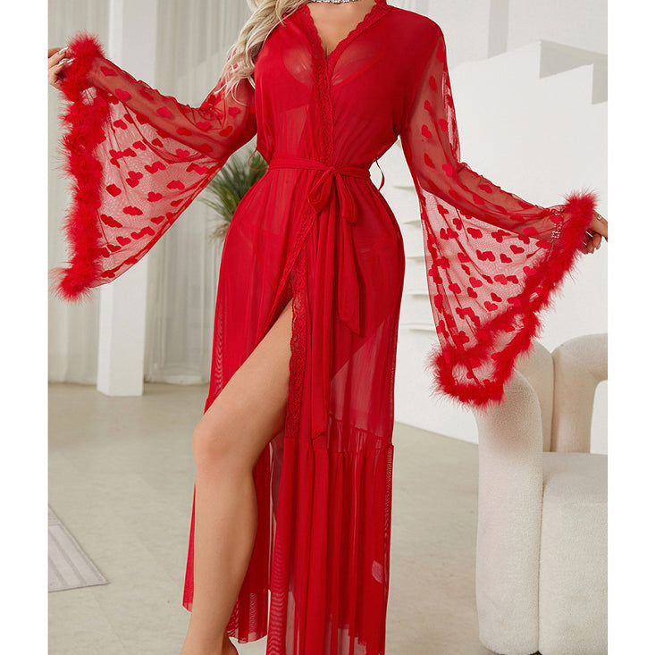 Szlafrok maxi z lekkiego materiału z długimi rękawami Oketa