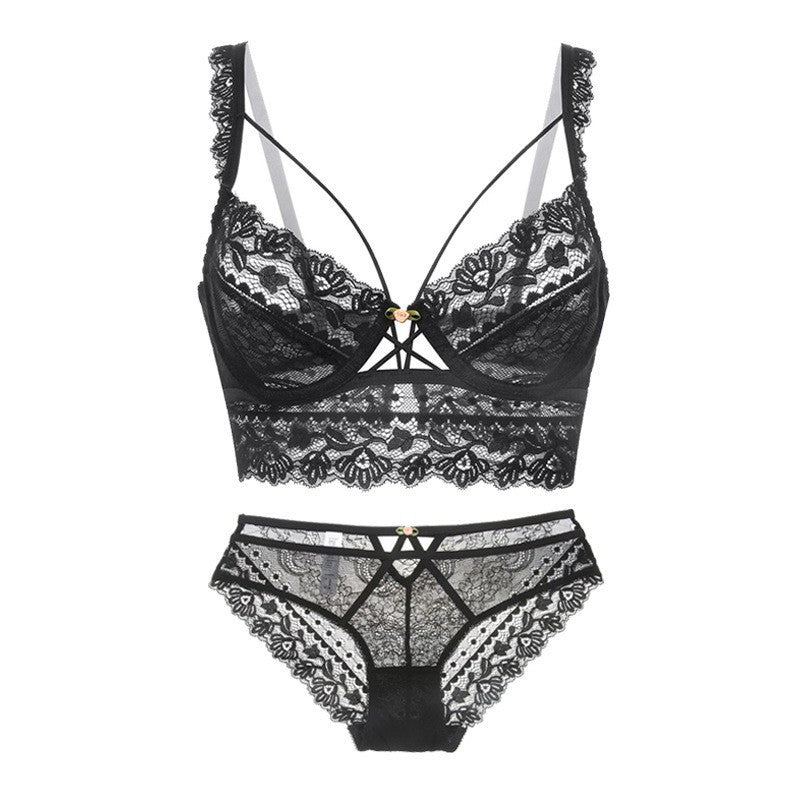 Koronkowy komplet bielizny z figami na specjalne okazje Caitlin Czarny