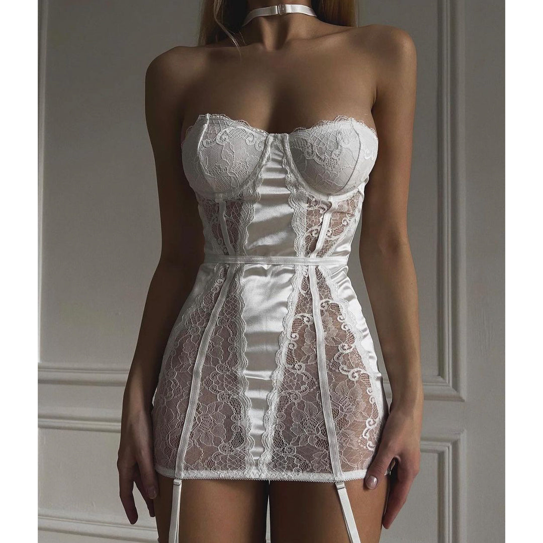 Gorsetowa koszulka nocna bez ramiączek z delikatnym zdobieniem Hafida Biały