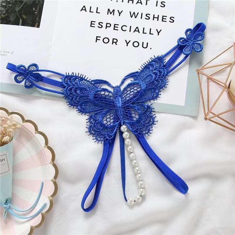 Stringi z motywem motyla i perłami eleganckie Louiselle Niebieski FREESIZE