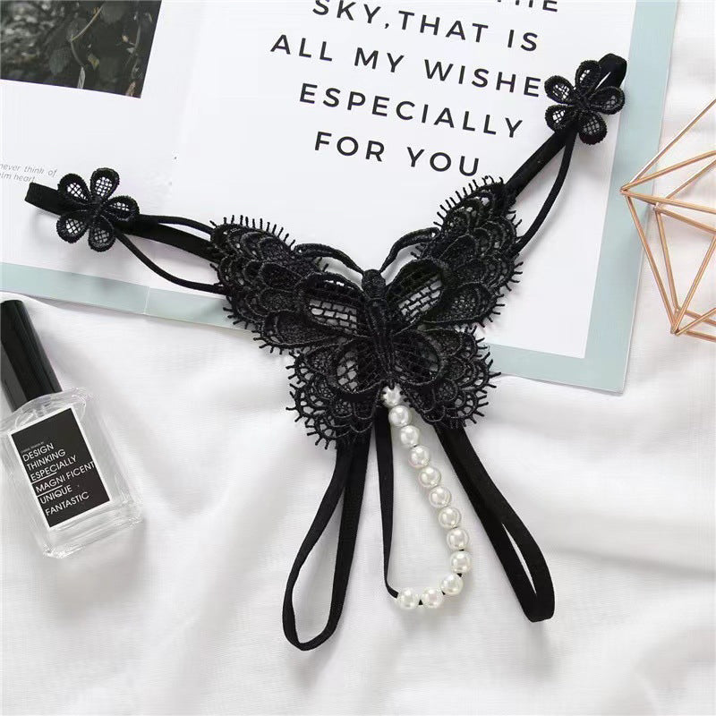 Stringi z motywem motyla i perłami eleganckie Louiselle Czarny FREESIZE