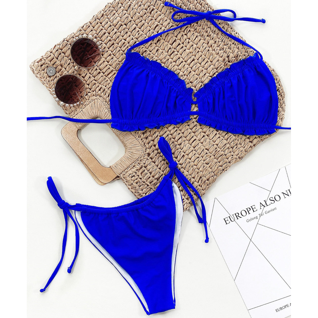 Bikini wiązane na szyi z regulacją na plażę i basen Greti Niebieski