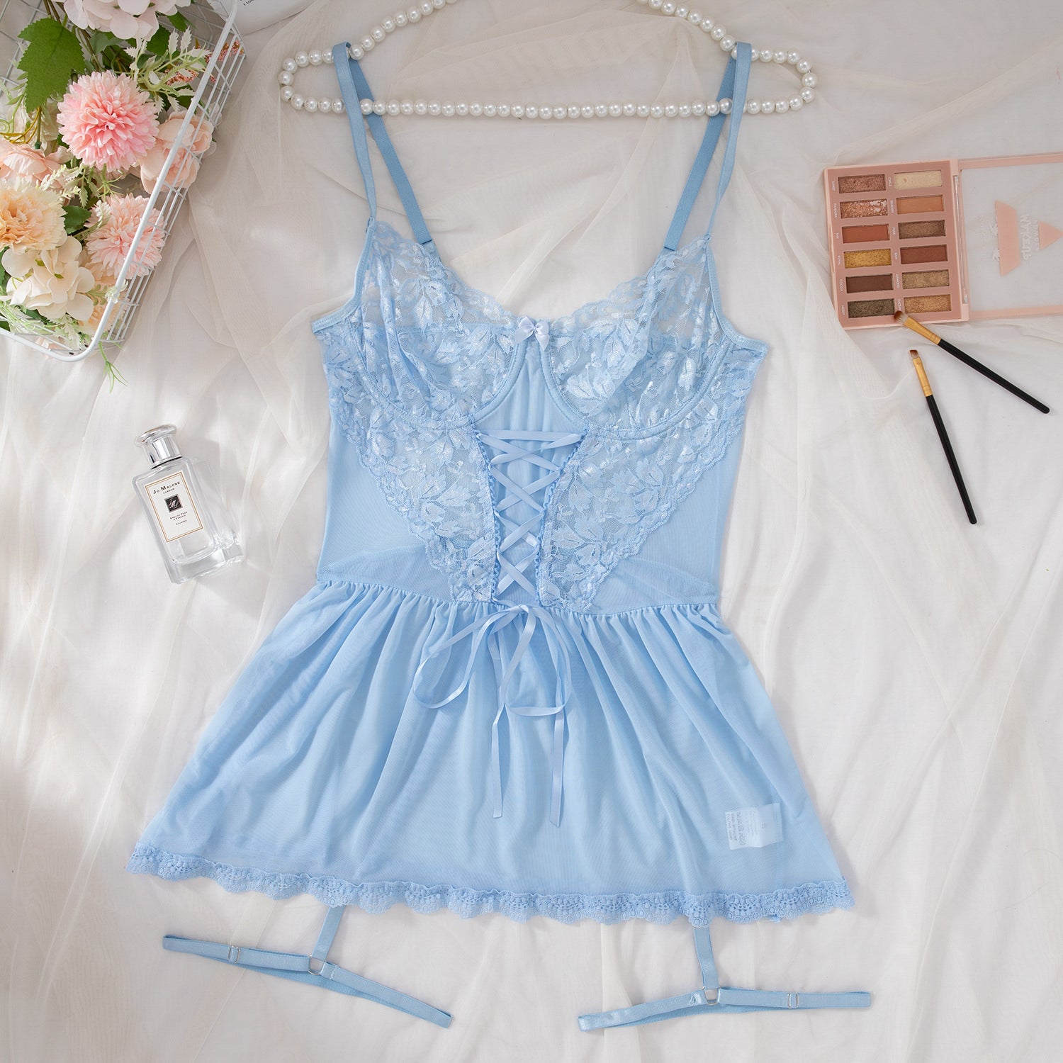 Zestaw nocny satynowy z koronką na romantyczne wieczory Jessalyn Niebieski