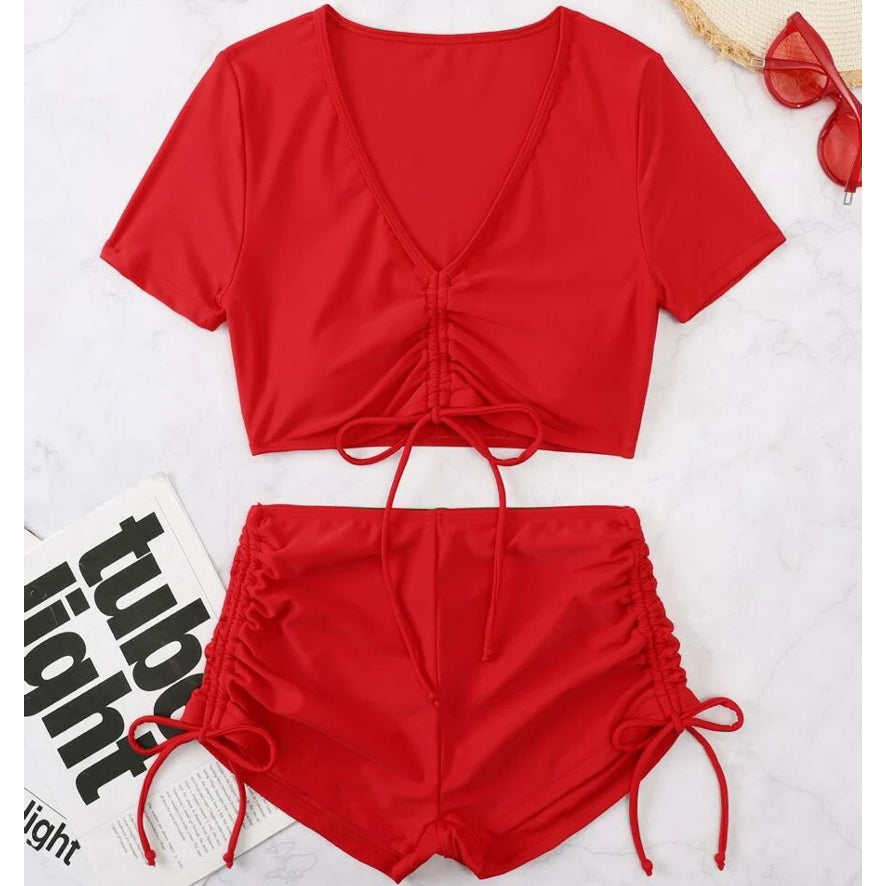 Strój kąpielowy z szortami i crop topem szybkoschnący na plażę Rutt Czerwony