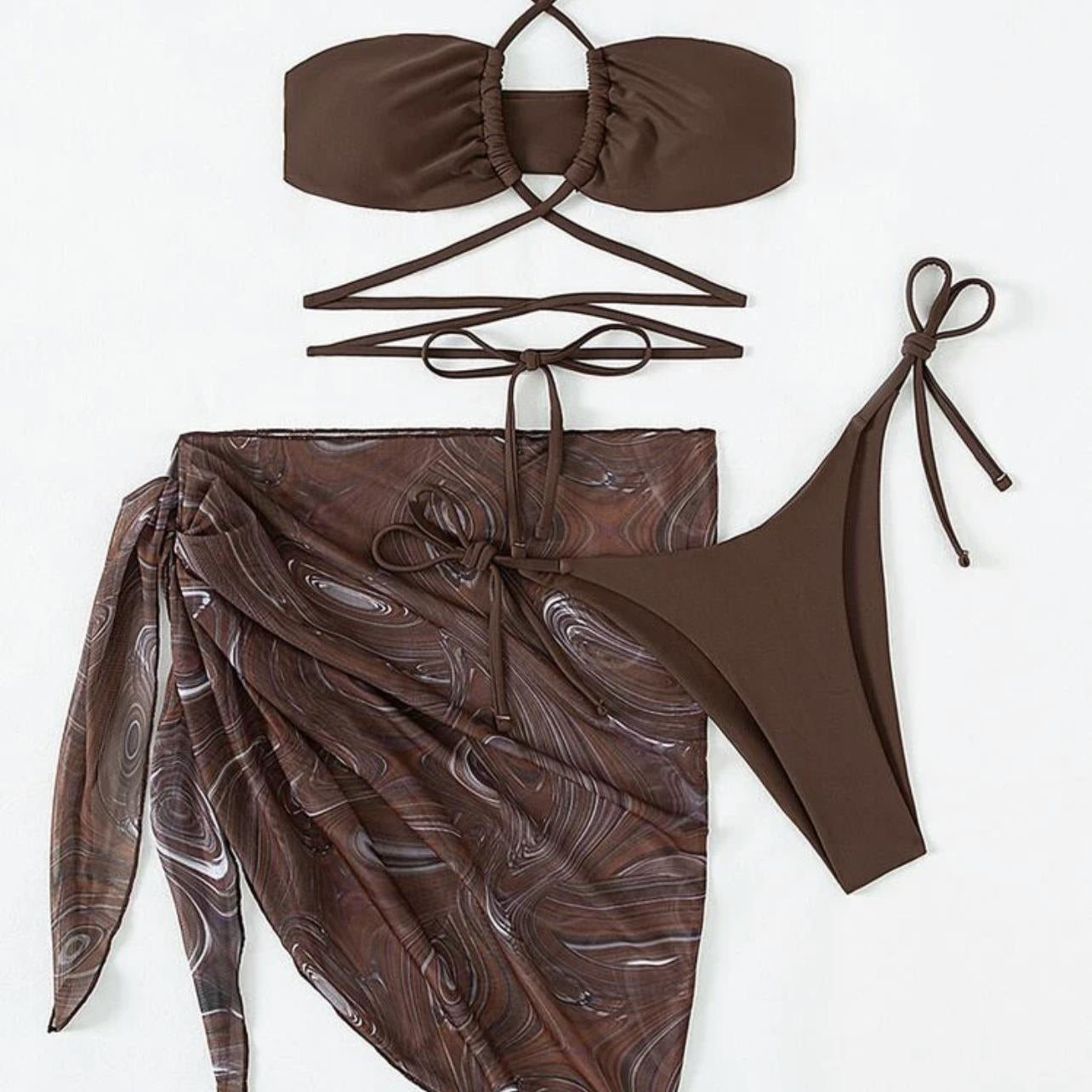 Strój kąpielowy dwuczęściowy z pareo na plażę Miraldine Kawowy