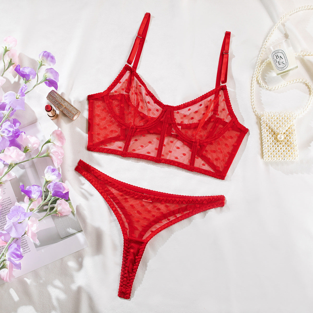 Komplet bielizny z topem na ramiączkach z delikatnym wzorem Angie Czerwony