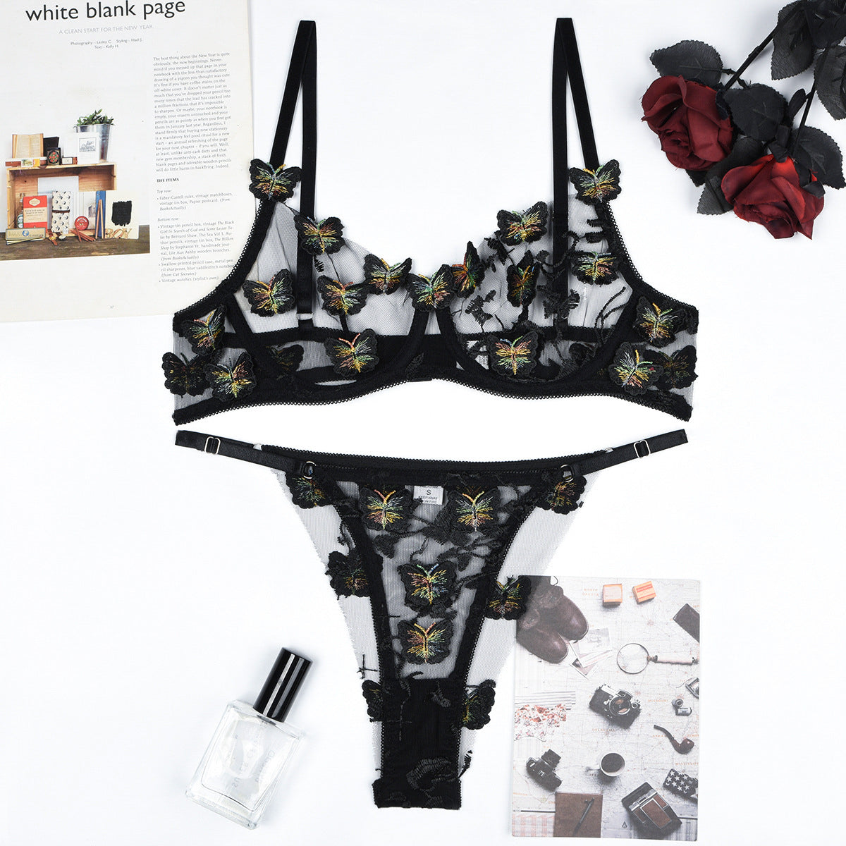 Komplet bielizny z haftem motyli na specjalne okazje Demi Czarny