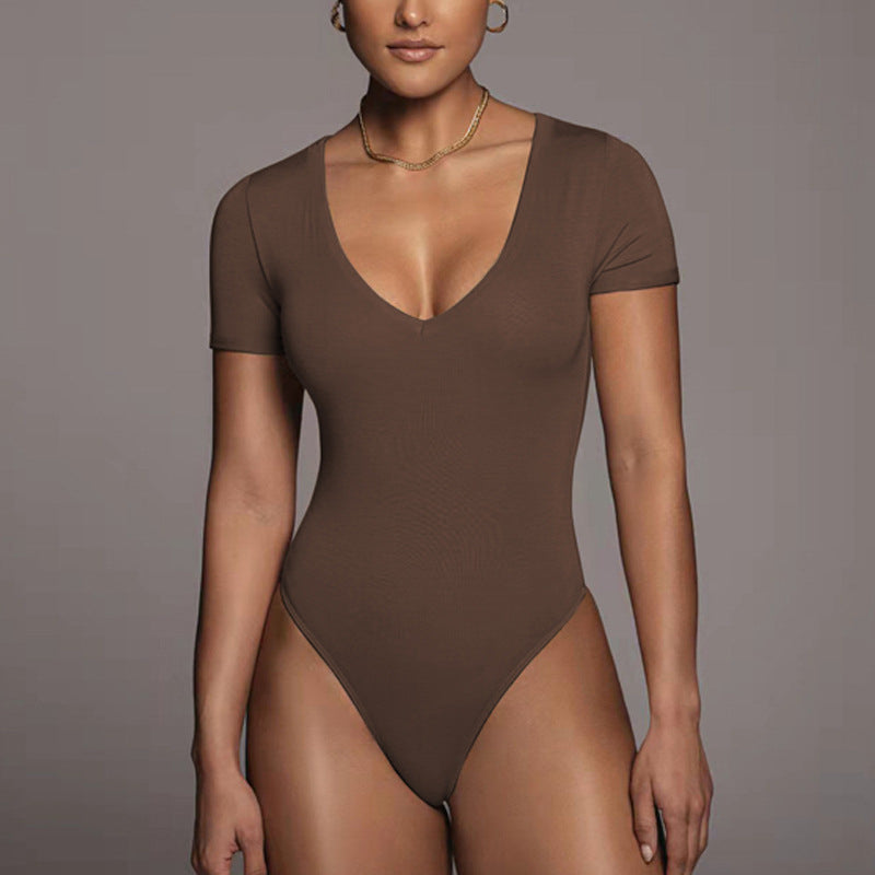 Body z krótkim rękawem i dekoltem V elastyczne Ieteke Kawowy