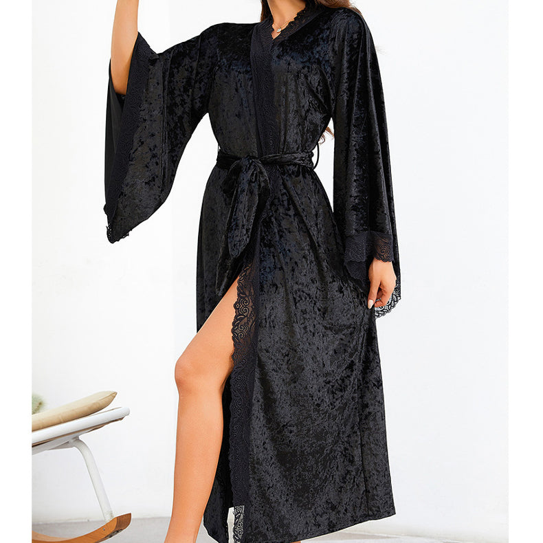 Szlafrok maxi z miękkiego materiału na chłodne wieczory Diamanta Czarny