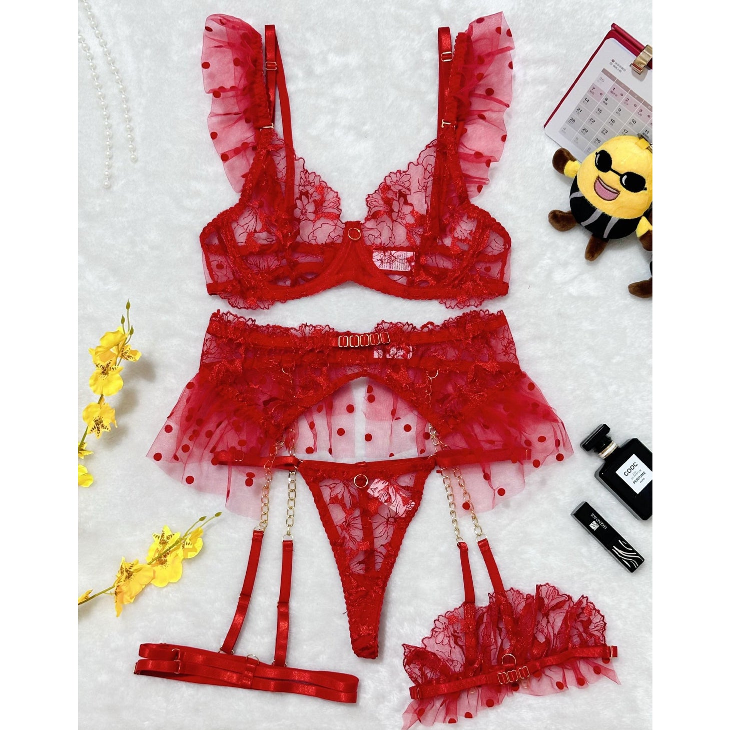 Komplet bielizny z haftem na specjalne okazje Myrilla Czerwony