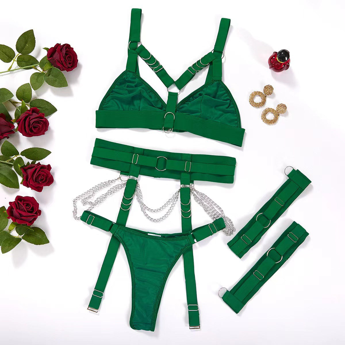 Komplet bielizny z szerokimi pasami i ozdobnymi detalami Nver Zielony