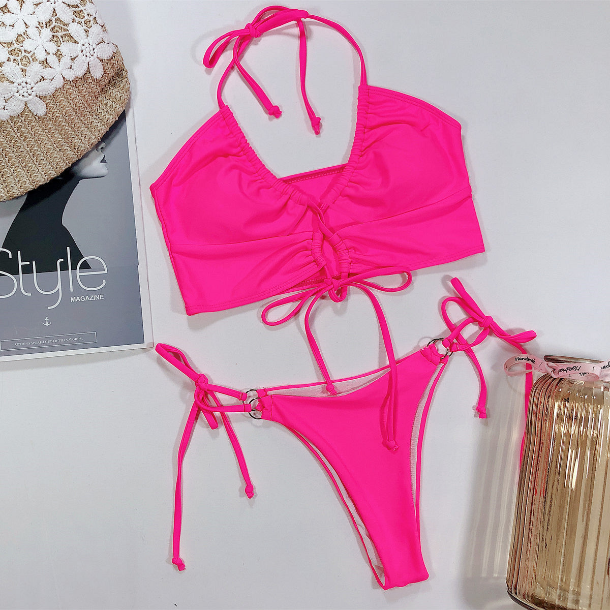 Bikini z usztywnianym topem i praktycznym dołem na plażę Pompilia Różowy