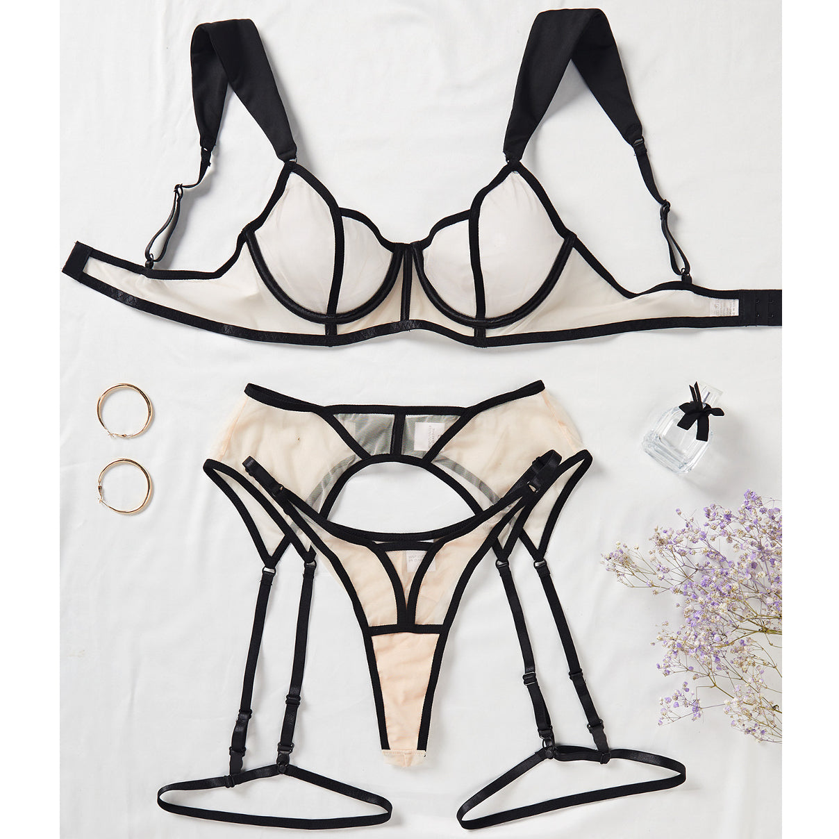 Komplet bielizny czteroczęściowy z delikatnych materiałów Joanie Beżowy