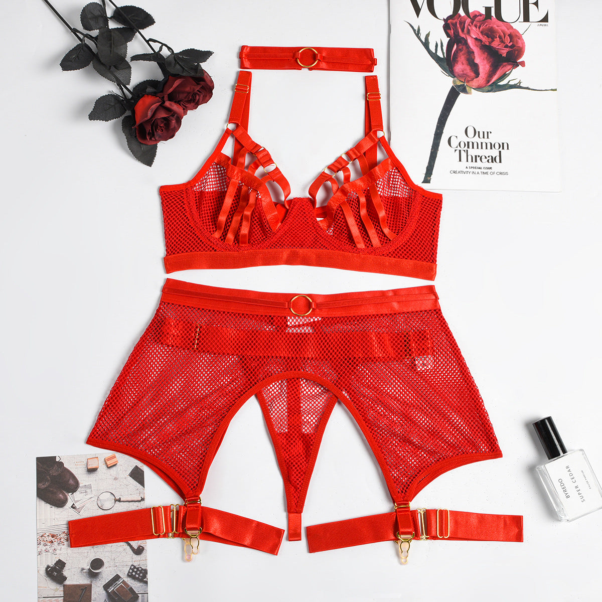 Komplet bielizny z pasem i podwiązkami elegancki design Palaghia Czerwony