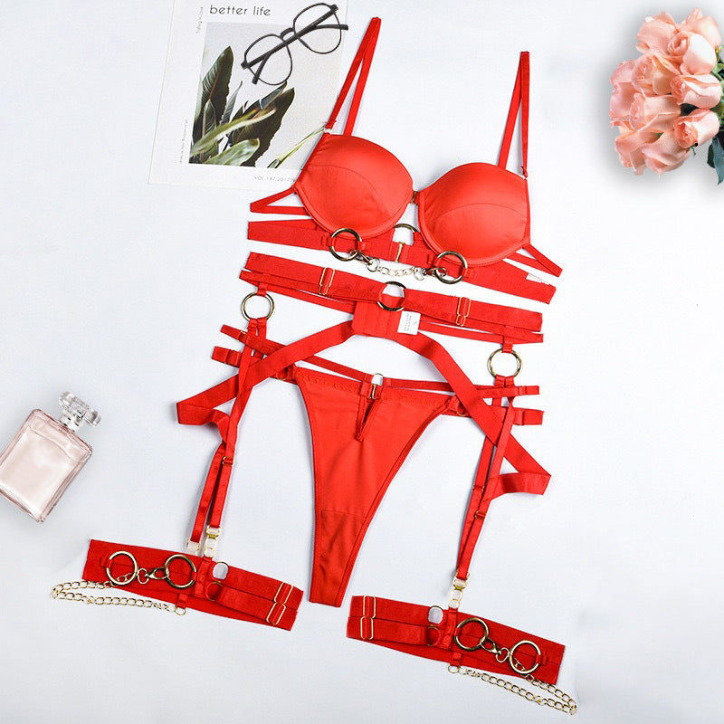 Komplet bielizny z pasem i łańcuszkiem elegancki design Hajnalka Czerwony