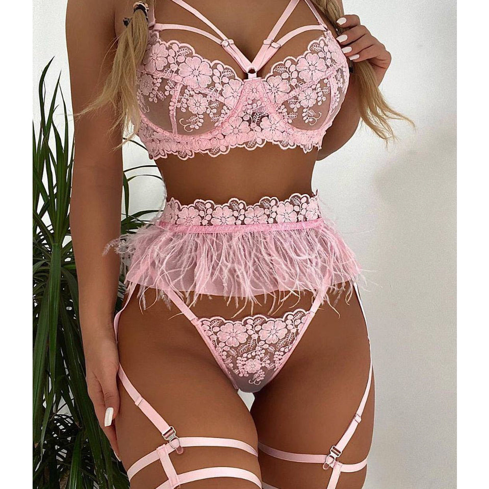 Komplet bielizny z koronką i piórkami elegancki Gitza Różowy