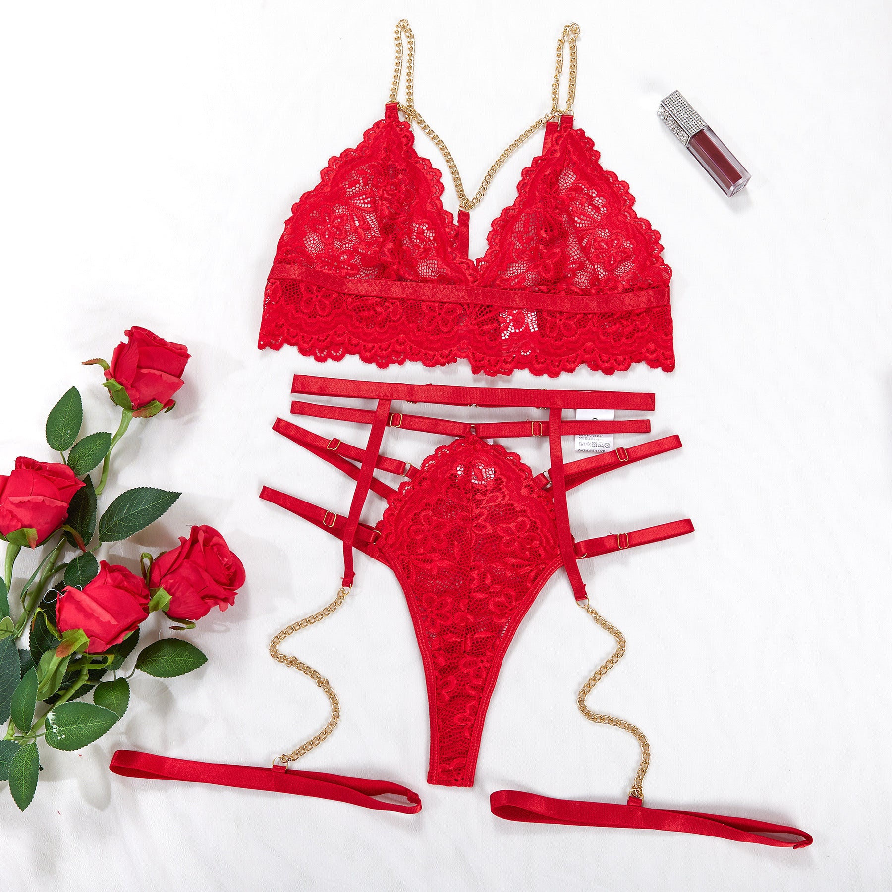 Komplet bielizny z wycięciami i łańcuszkiem na wieczór Antonina Czerwony XL