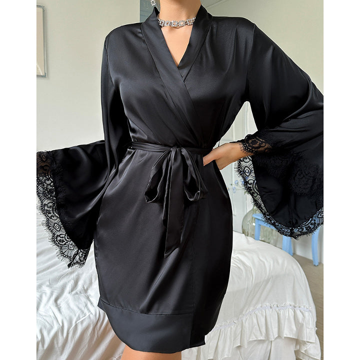 Szlafrok z szerokimi rękawami z miękkiego materiału na relaks w domu Nicolina Czarny