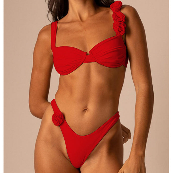 Strój kąpielowy dwuczęściowy z różami wysokim stanem Friedchen Czerwony