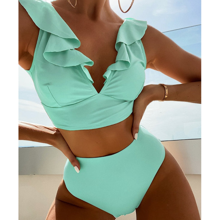 Dwuczęściowy strój kąpielowy z falbankami i wysoką talią Iolanthe Niebieski