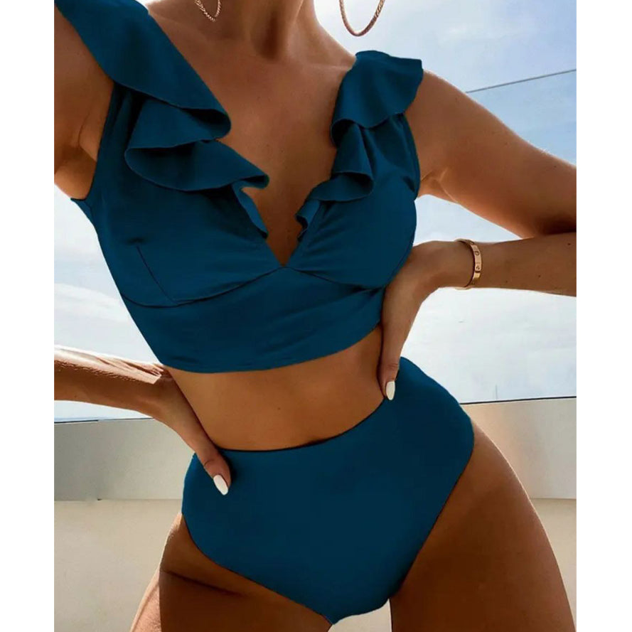 Dwuczęściowy strój kąpielowy z falbankami i wysoką talią Iolanthe Niebieski2