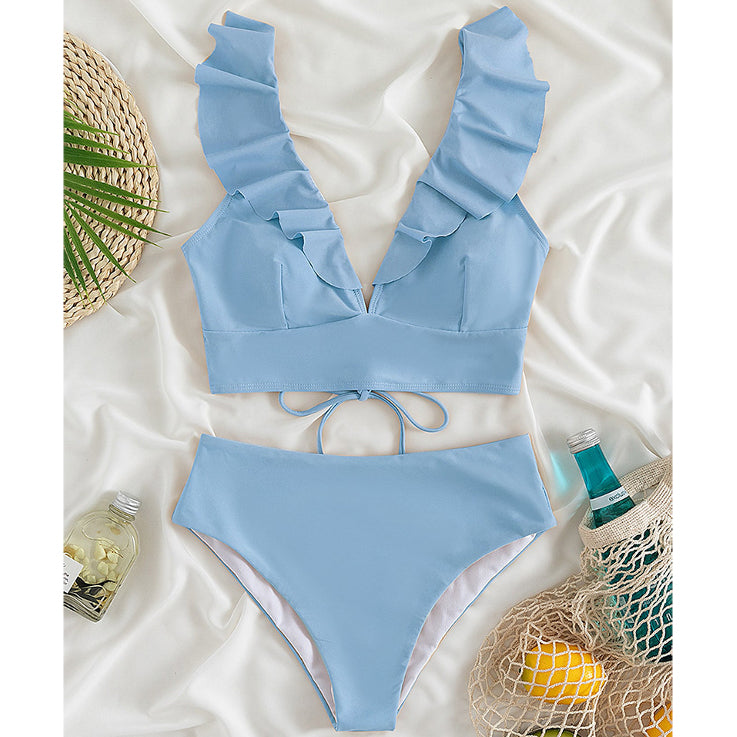 Dwuczęściowy strój kąpielowy z falbankami i wysoką talią Iolanthe Niebieski3