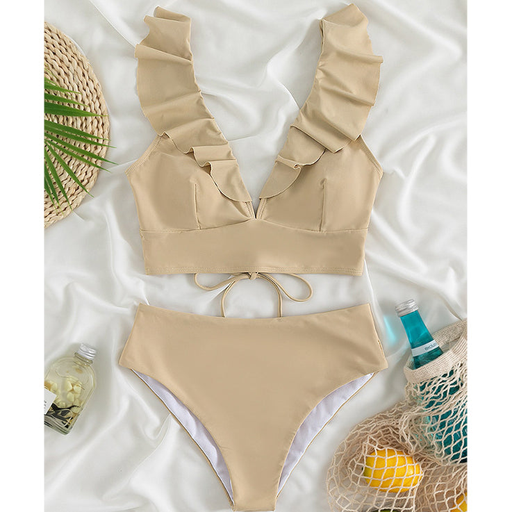 Dwuczęściowy strój kąpielowy z falbankami i wysoką talią Iolanthe Beżowy