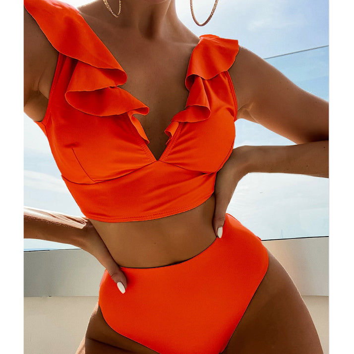 Dwuczęściowy strój kąpielowy z falbankami i wysoką talią Iolanthe Pomarańczowy