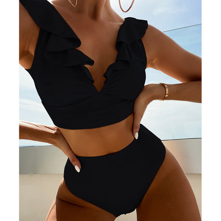 Dwuczęściowy strój kąpielowy z falbankami i wysoką talią Iolanthe Czarny