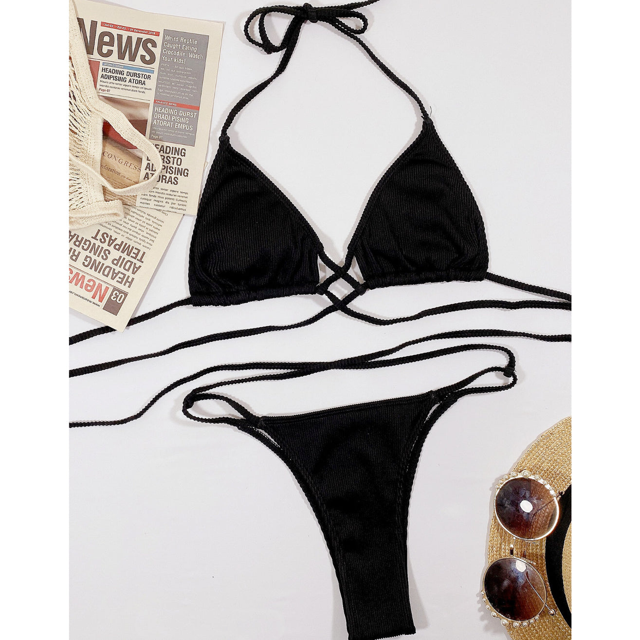 Dwuczęściowy strój kąpielowy regulowany ze sznureczkami na lato Sylva Czarny