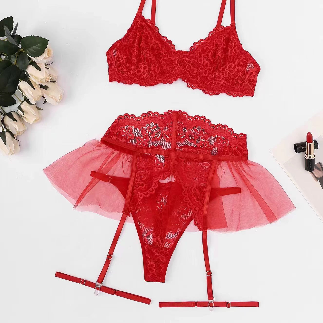 Komplet bielizny z koronką i tiulem Jose Czerwony