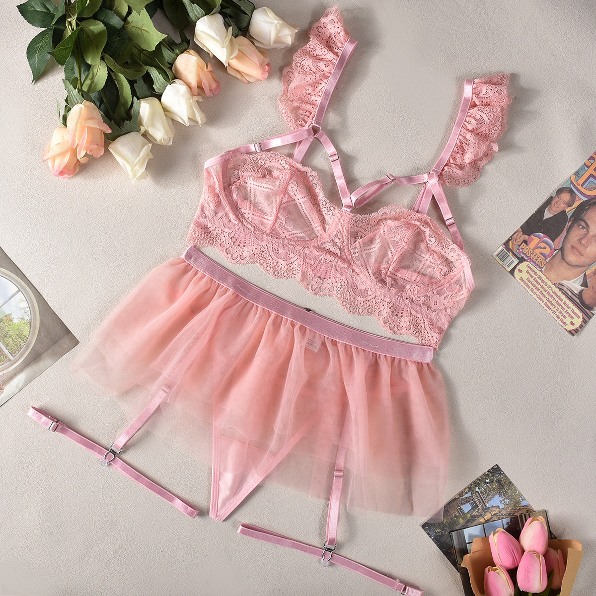 Komplet bielizny tiulowej z koronką na wyjątkowe okazje Alise Różowy