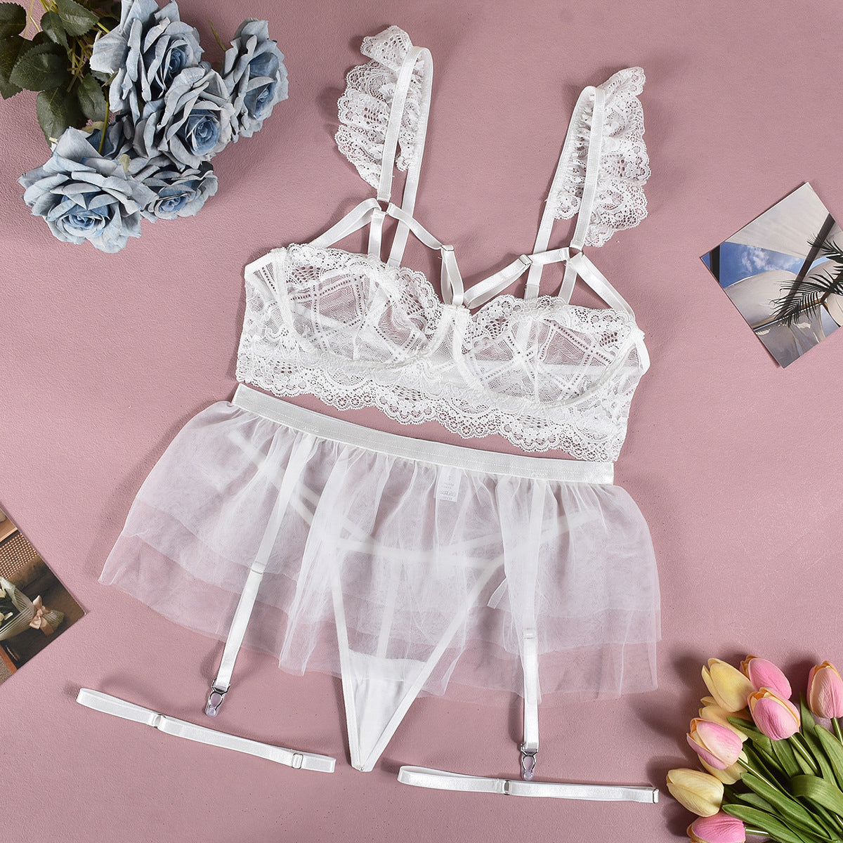 Komplet bielizny tiulowej z koronką na wyjątkowe okazje Alise Biały