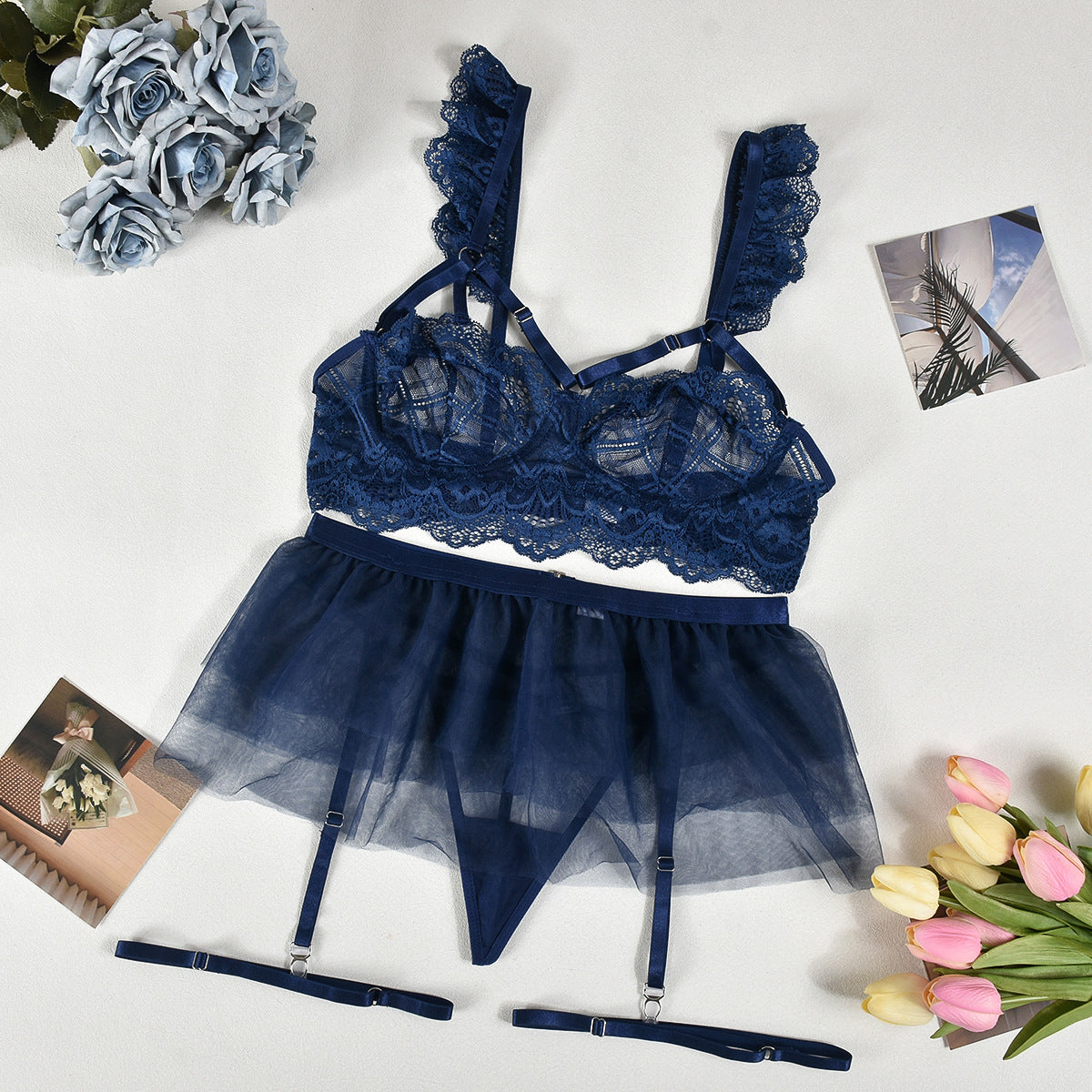 Komplet bielizny tiulowej z koronką na wyjątkowe okazje Alise Granatowy