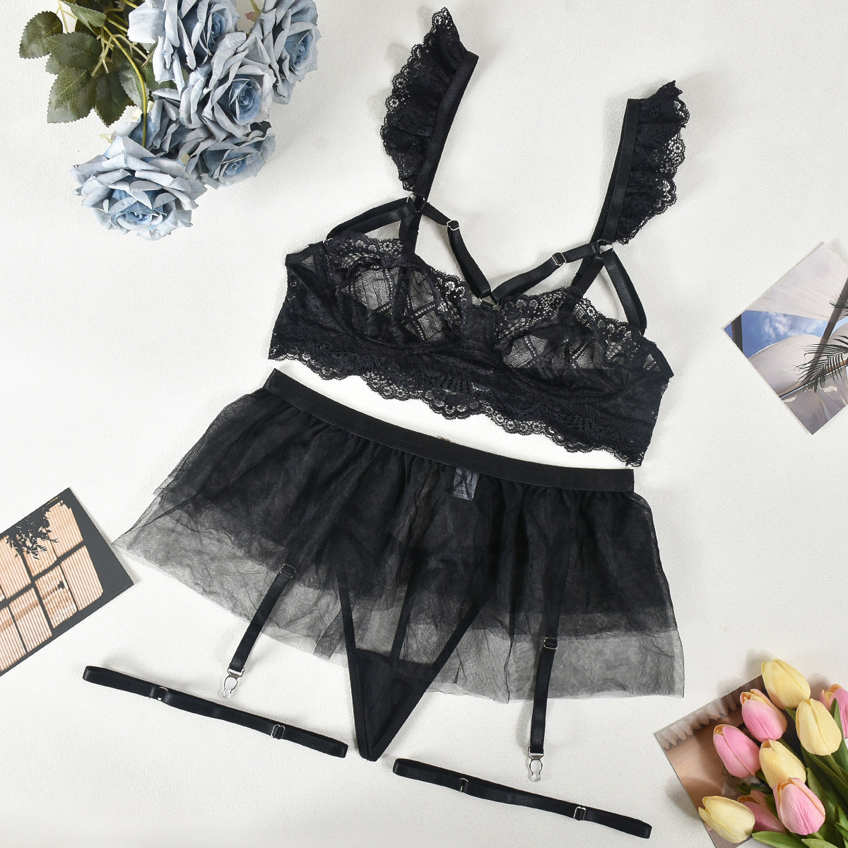 Komplet bielizny tiulowej z koronką na wyjątkowe okazje Alise Czarny