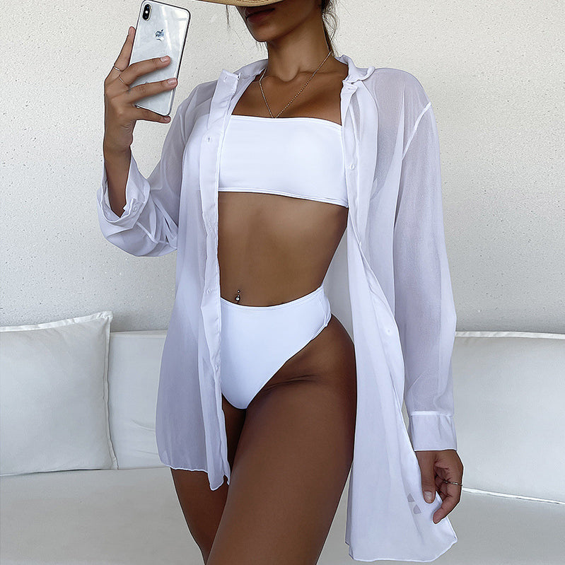 Koszula plażowa z lekkiej dzianiny na lato Yllka Biały